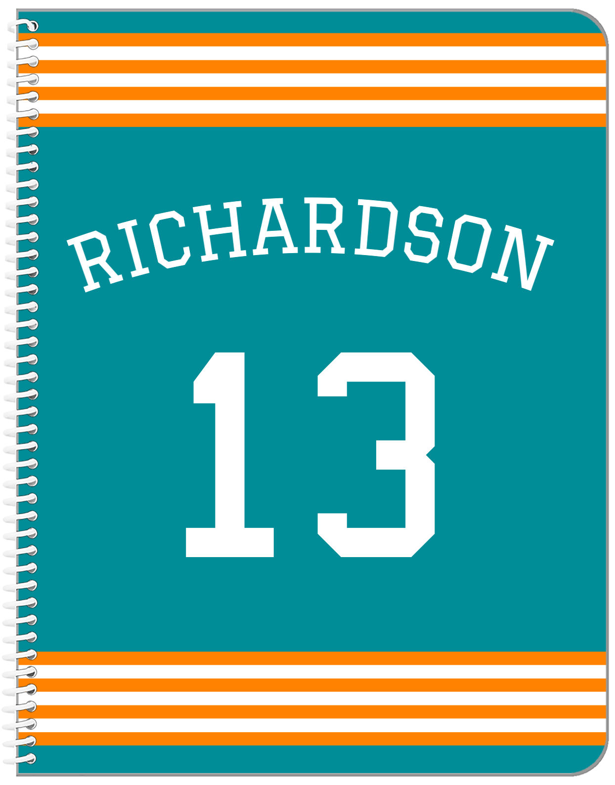 Personalized Jersey Number Notebook with Arched Name - Teal and Orange - Triple Stripe - Front View