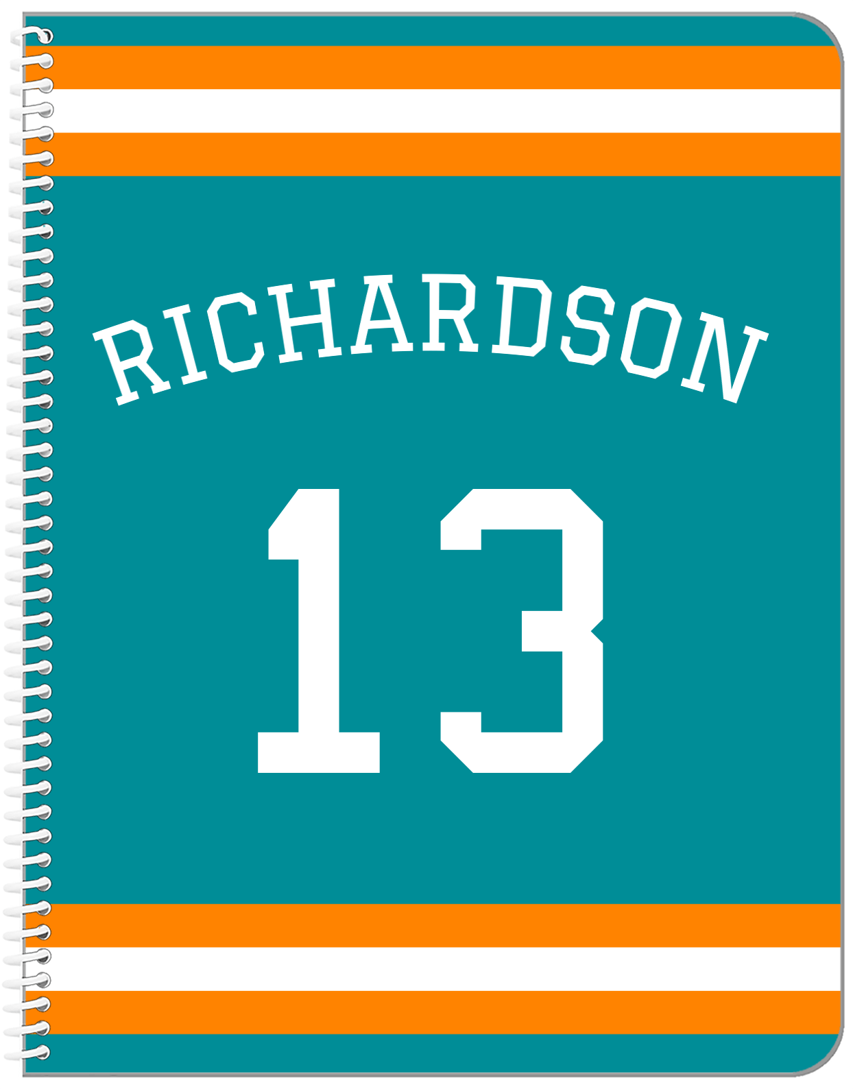 Personalized Jersey Number Notebook with Arched Name - Teal and Orange - Single Stripe - Front View