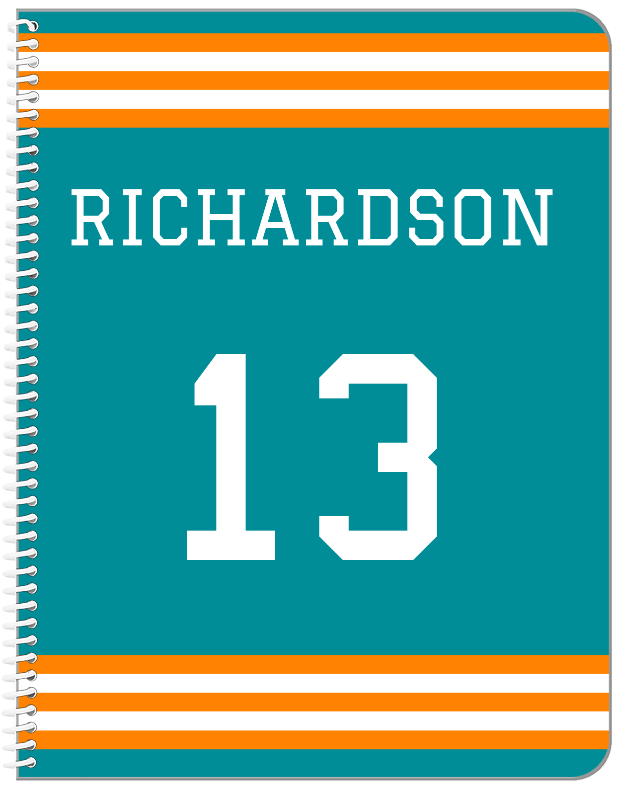 Personalized Jersey Number Notebook - Teal and Orange - Double Stripe - Front View
