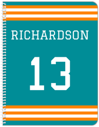 Thumbnail for Personalized Jersey Number Notebook - Teal and Orange - Double Stripe - Front View