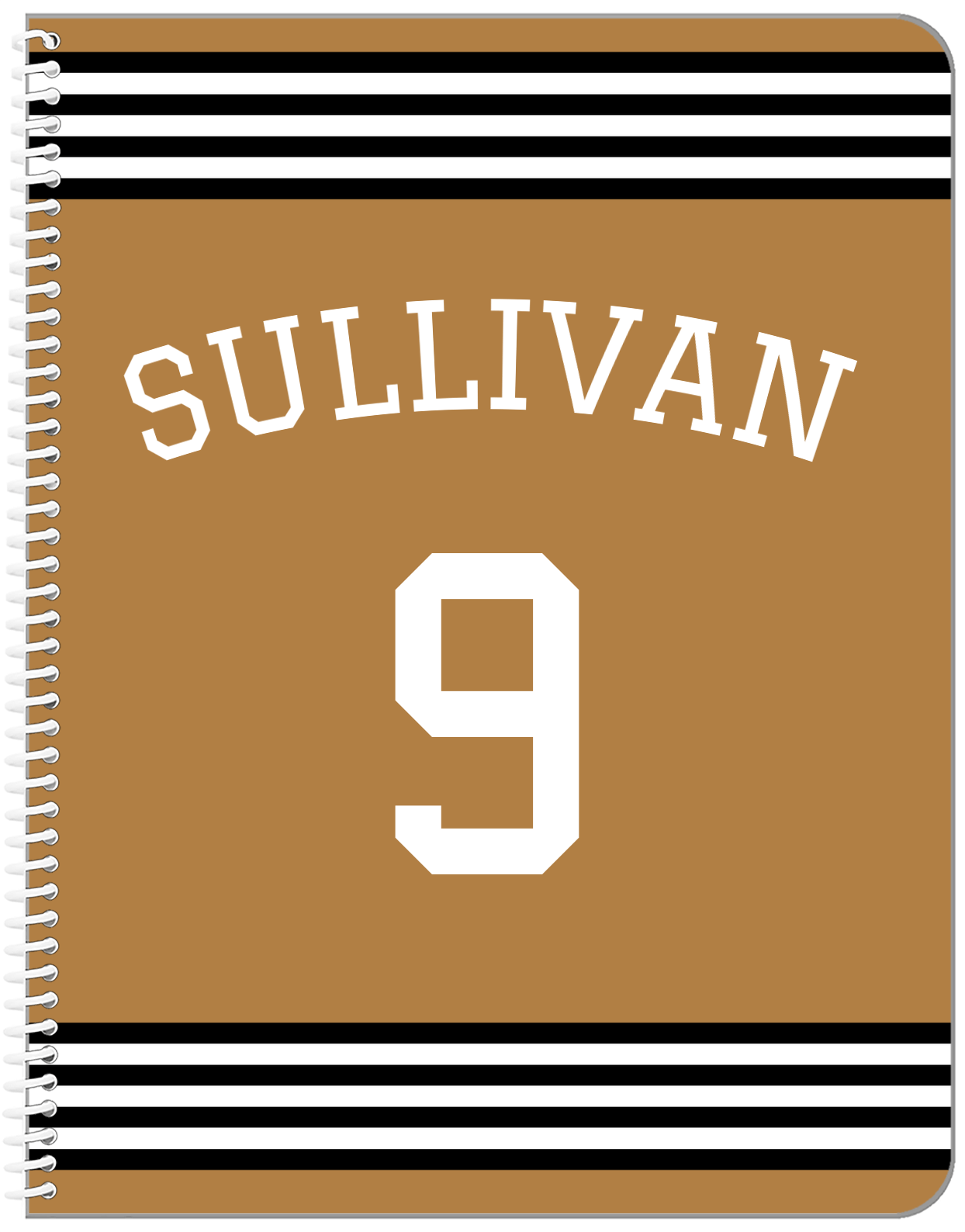 Personalized Jersey Number Notebook with Arched Name - Gold and Black - Triple Stripe - Front View