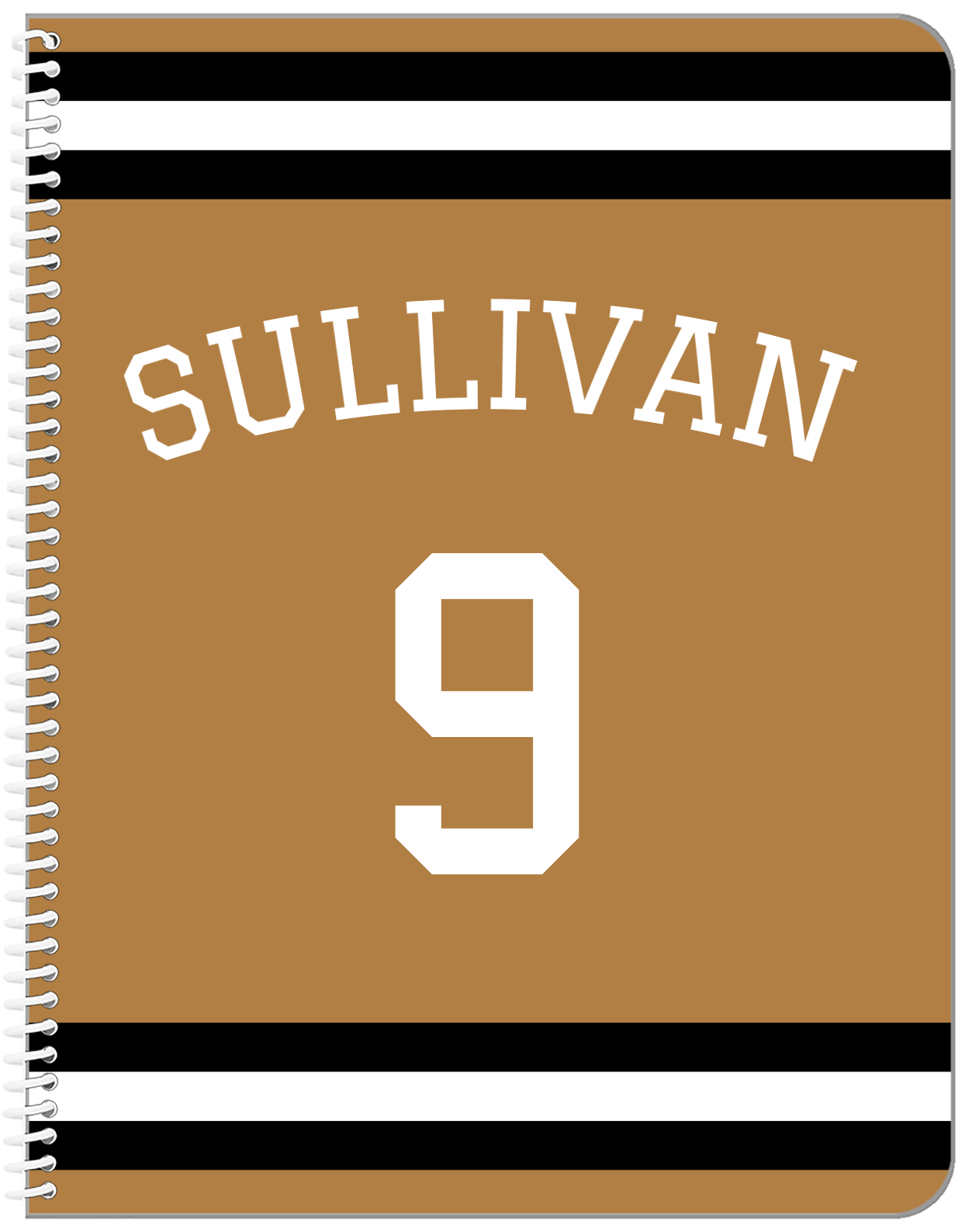 Personalized Jersey Number Notebook with Arched Name - Gold and Black - Single Stripe - Front View