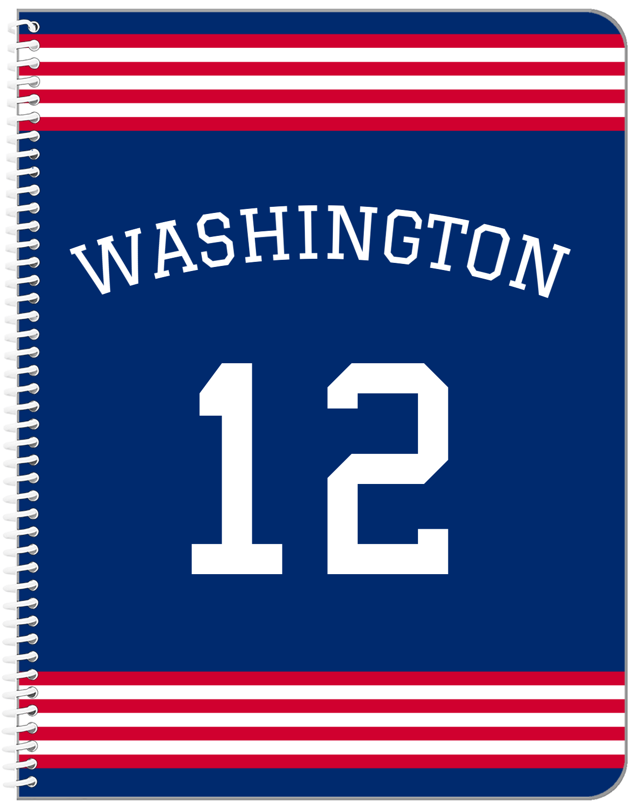 Personalized Jersey Number Notebook with Arched Name - Blue and Red - Triple Stripe - Front View