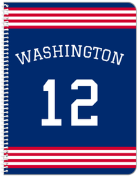 Thumbnail for Personalized Jersey Number Notebook with Arched Name - Blue and Red - Triple Stripe - Front View