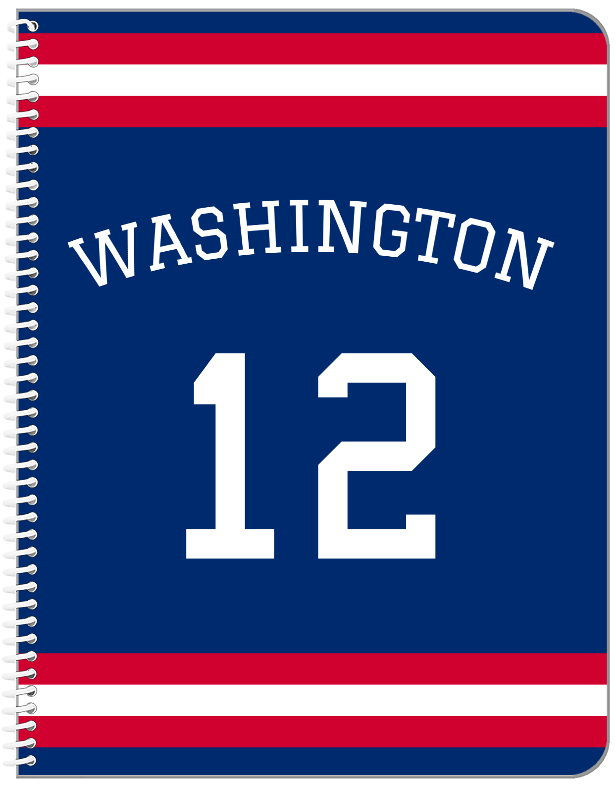 Personalized Jersey Number Notebook with Arched Name - Blue and Red - Single Stripe - Front View
