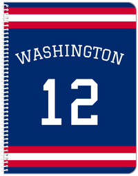 Thumbnail for Personalized Jersey Number Notebook with Arched Name - Blue and Red - Single Stripe - Front View