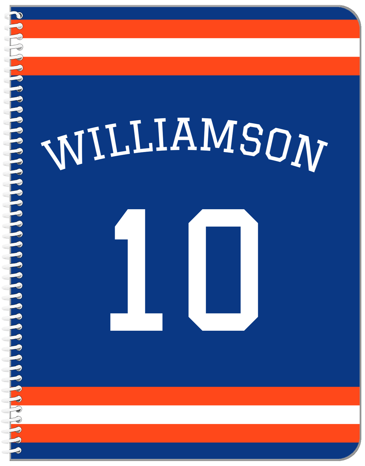 Personalized Jersey Number Notebook with Arched Name - Blue and Orange - Single Stripe - Front View
