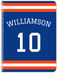 Thumbnail for Personalized Jersey Number Notebook with Arched Name - Blue and Orange - Single Stripe - Front View
