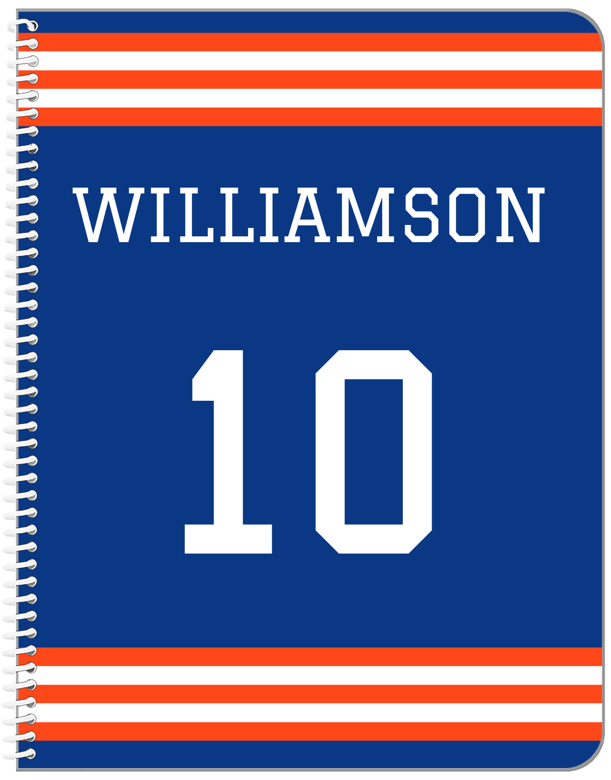 Personalized Jersey Number Notebook - Blue and Orange - Double Stripe - Front View