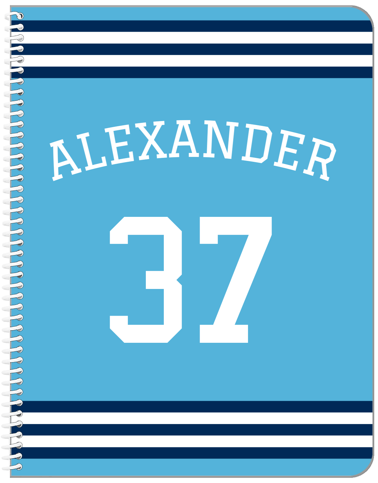 Personalized Jersey Number Notebook with Arched Name - Blue and Navy - Double Stripe - Front View