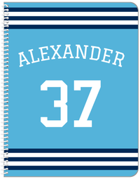 Thumbnail for Personalized Jersey Number Notebook with Arched Name - Blue and Navy - Double Stripe - Front View