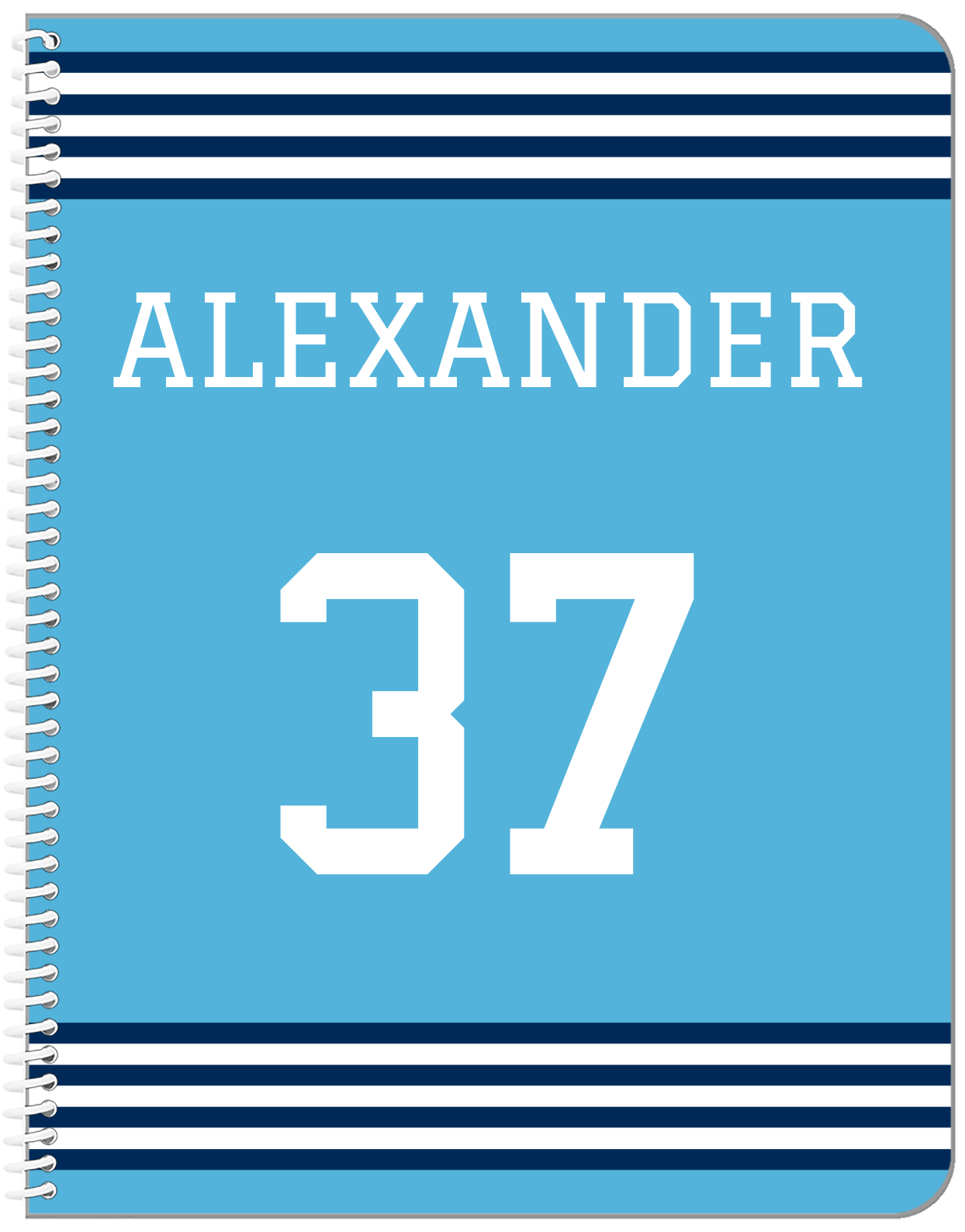 Personalized Jersey Number Notebook - Blue and Navy - Triple Stripe - Front View