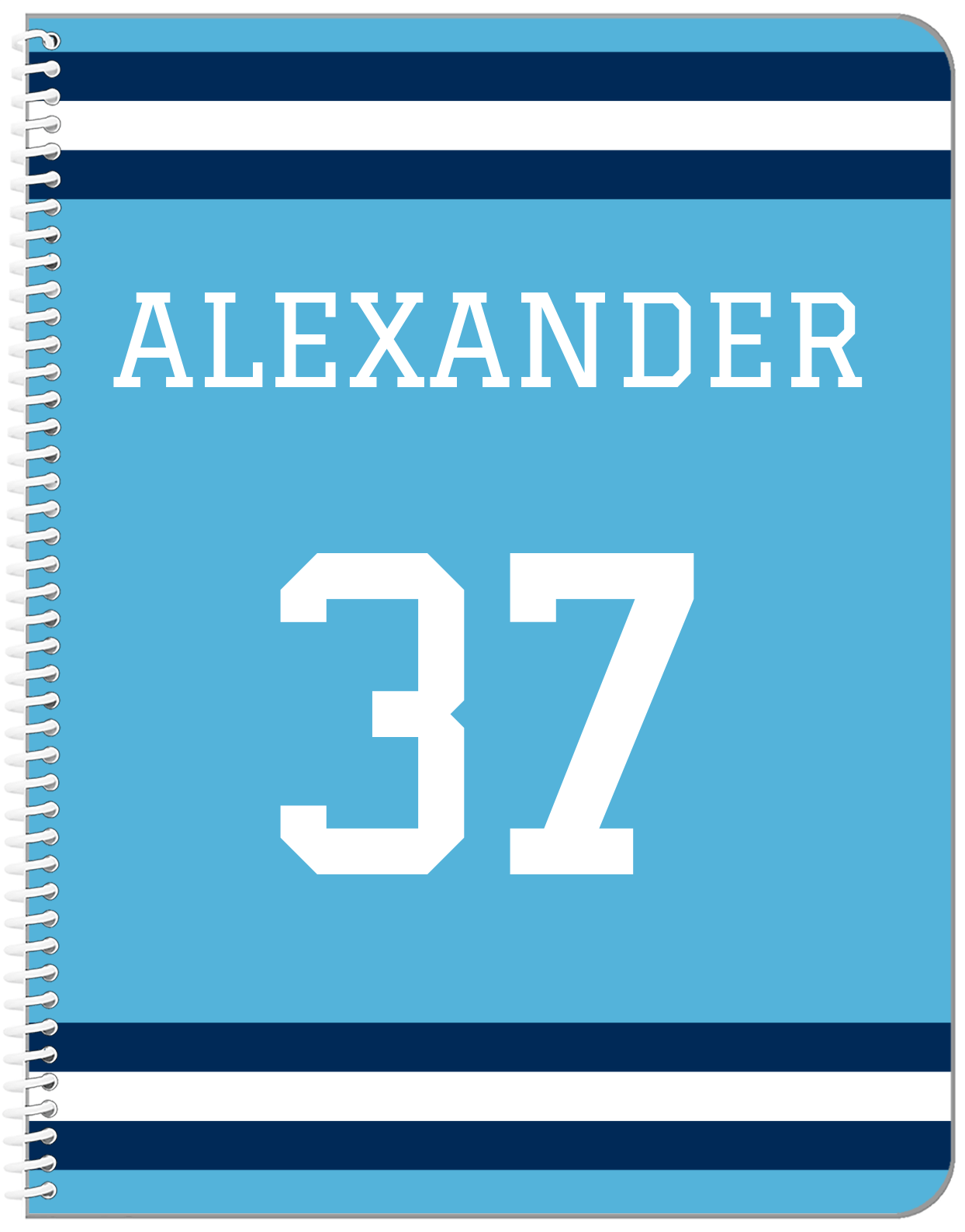 Personalized Jersey Number Notebook - Blue and Navy - Single Stripe - Front View