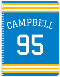 Thumbnail for Personalized Jersey Number Notebook with Arched Name - Blue and Gold - Double Stripe - Front View
