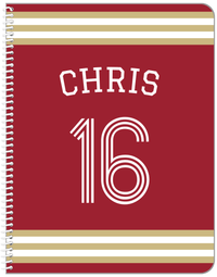 Thumbnail for Personalized Jersey Number Notebook with Arched Name - Red and Gold - Double Stripe - Front View
