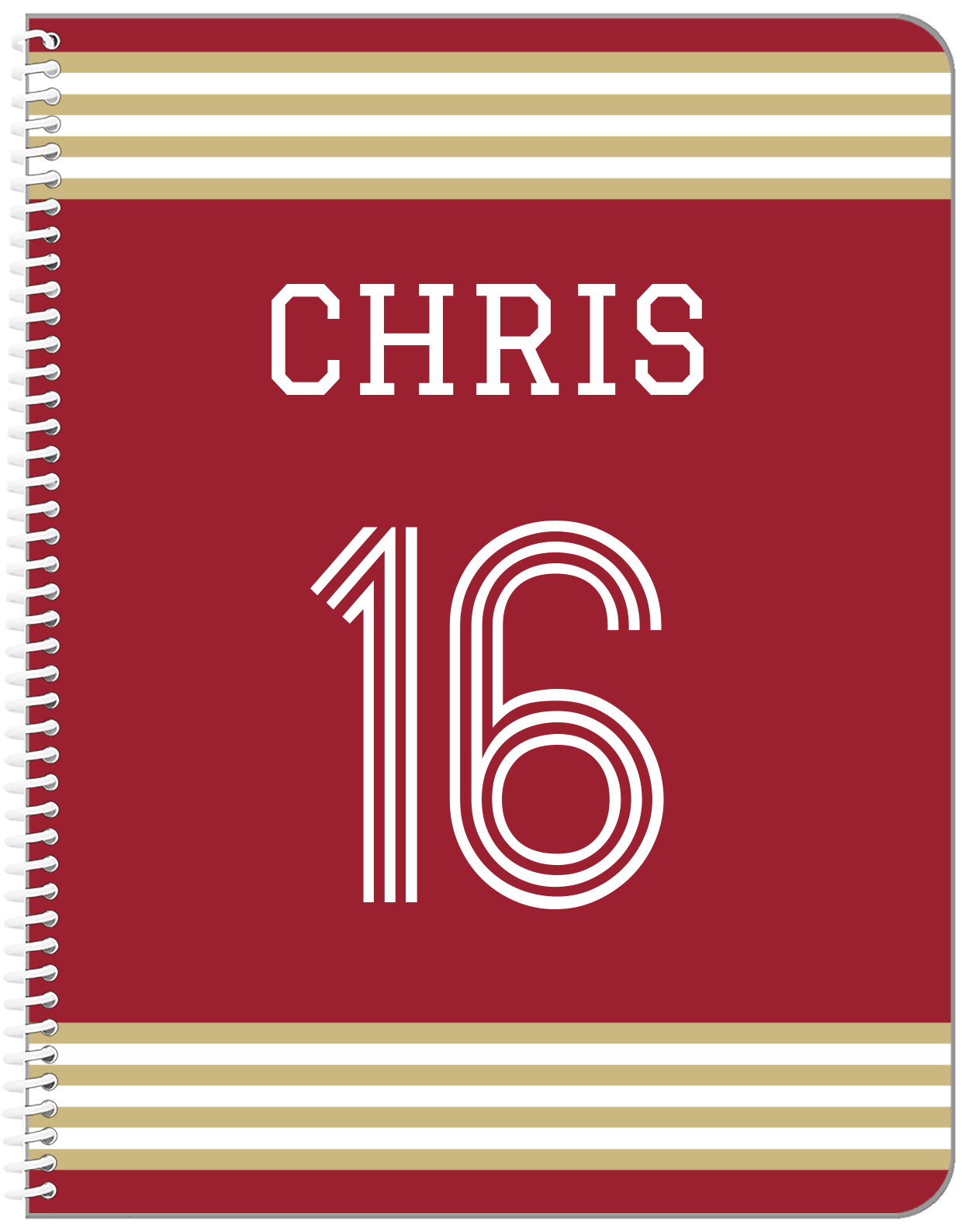 Personalized Jersey Number Notebook - Red and Gold - Triple Stripe - Front View