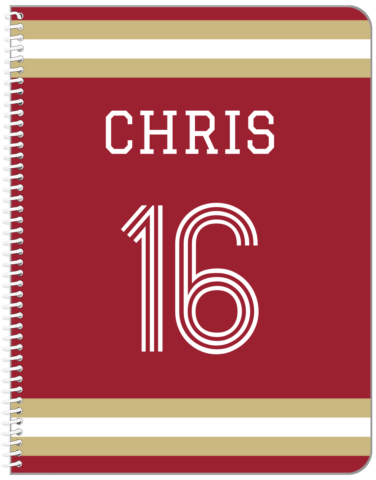 Personalized Jersey Number Notebook - Red and Gold - Single Stripe - Front View