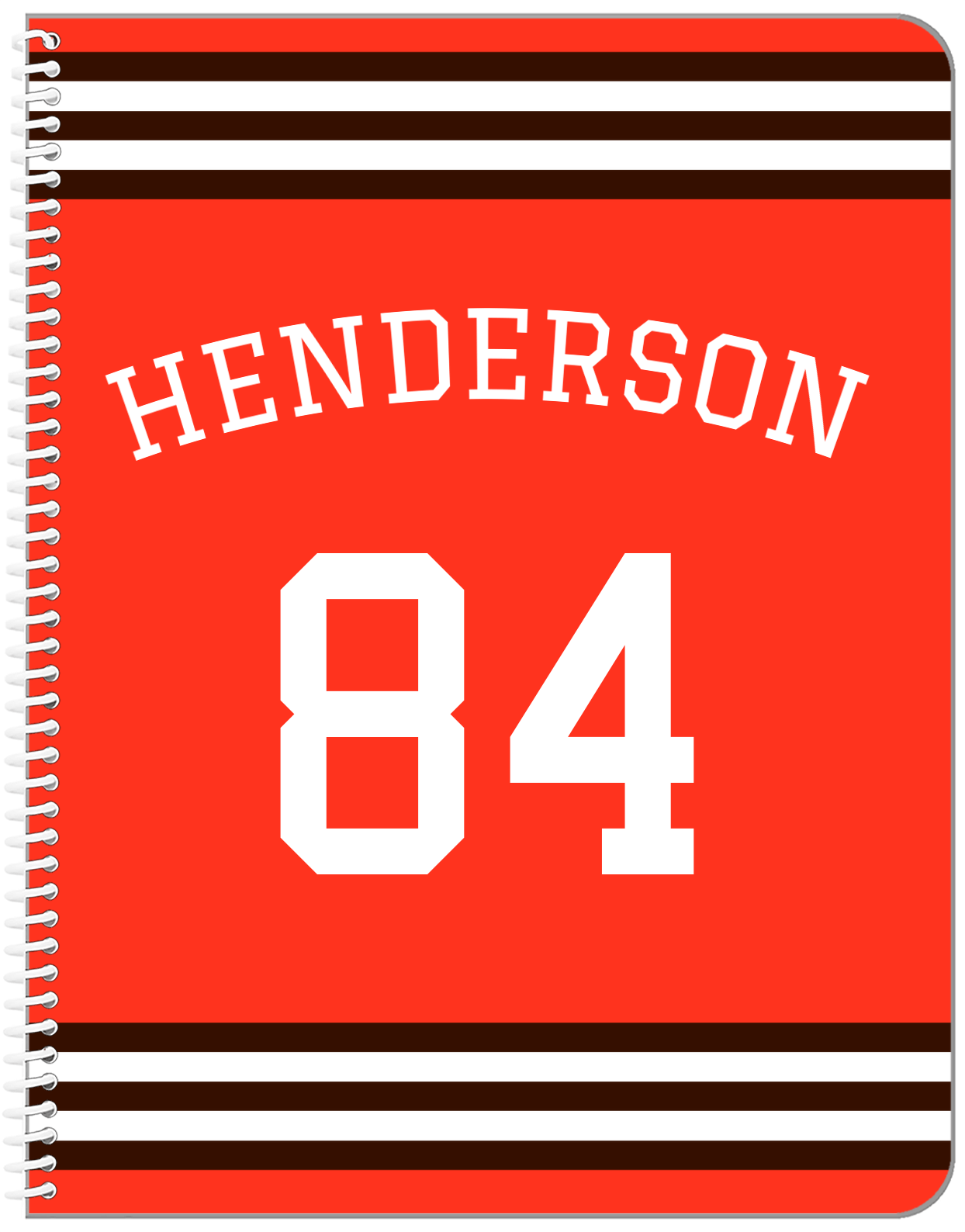 Personalized Jersey Number Notebook with Arched Name - Orange and Brown - Double Stripe - Front View