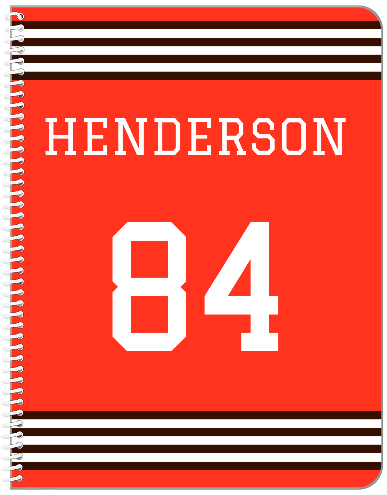Personalized Jersey Number Notebook - Orange and Brown - Triple Stripe - Front View
