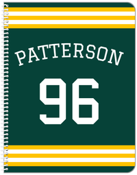 Thumbnail for Personalized Jersey Number Notebook with Arched Name - Green and Yellow - Double Stripe - Front View