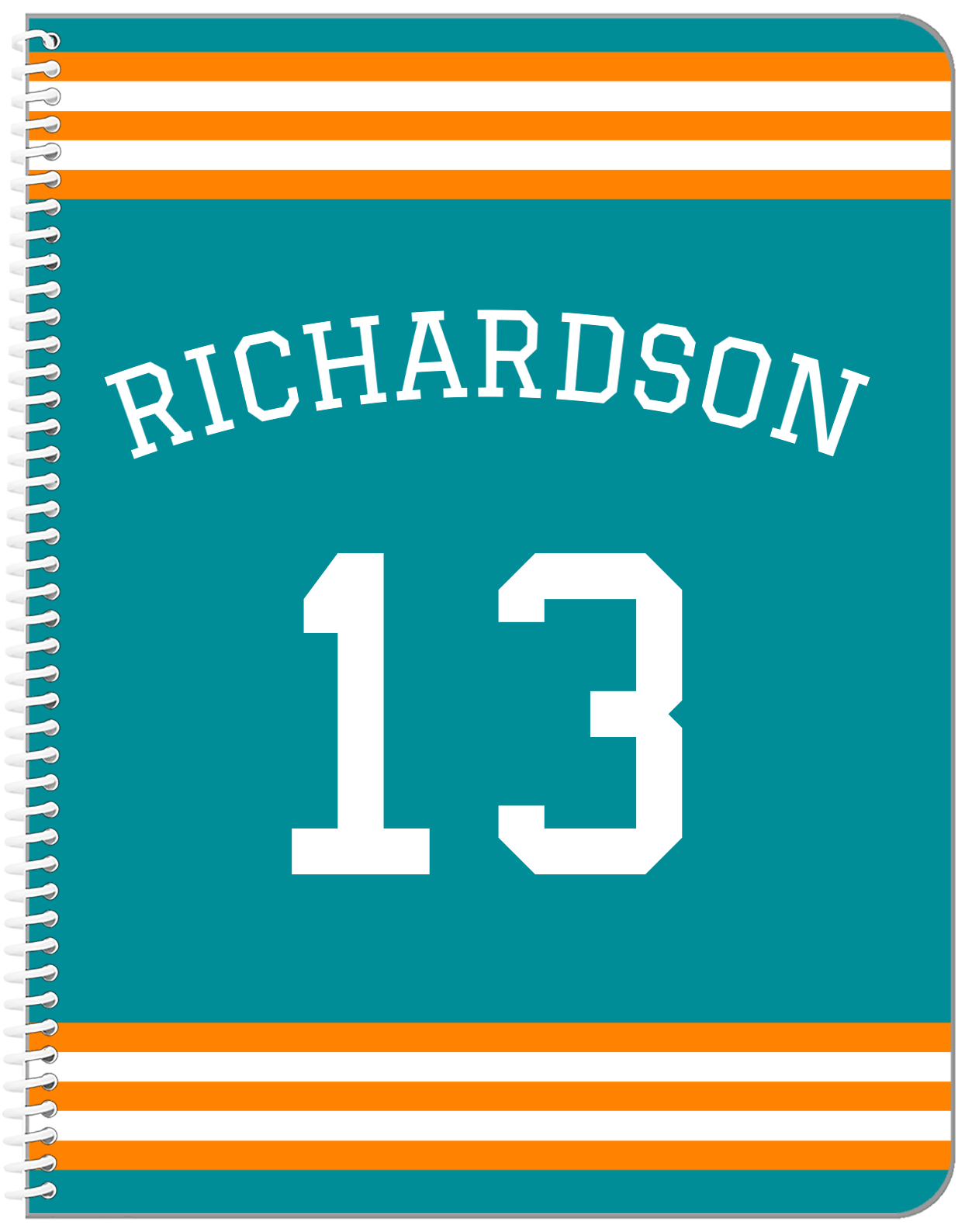 Personalized Jersey Number Notebook with Arched Name - Teal and Orange - Double Stripe - Front View