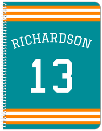 Thumbnail for Personalized Jersey Number Notebook with Arched Name - Teal and Orange - Double Stripe - Front View