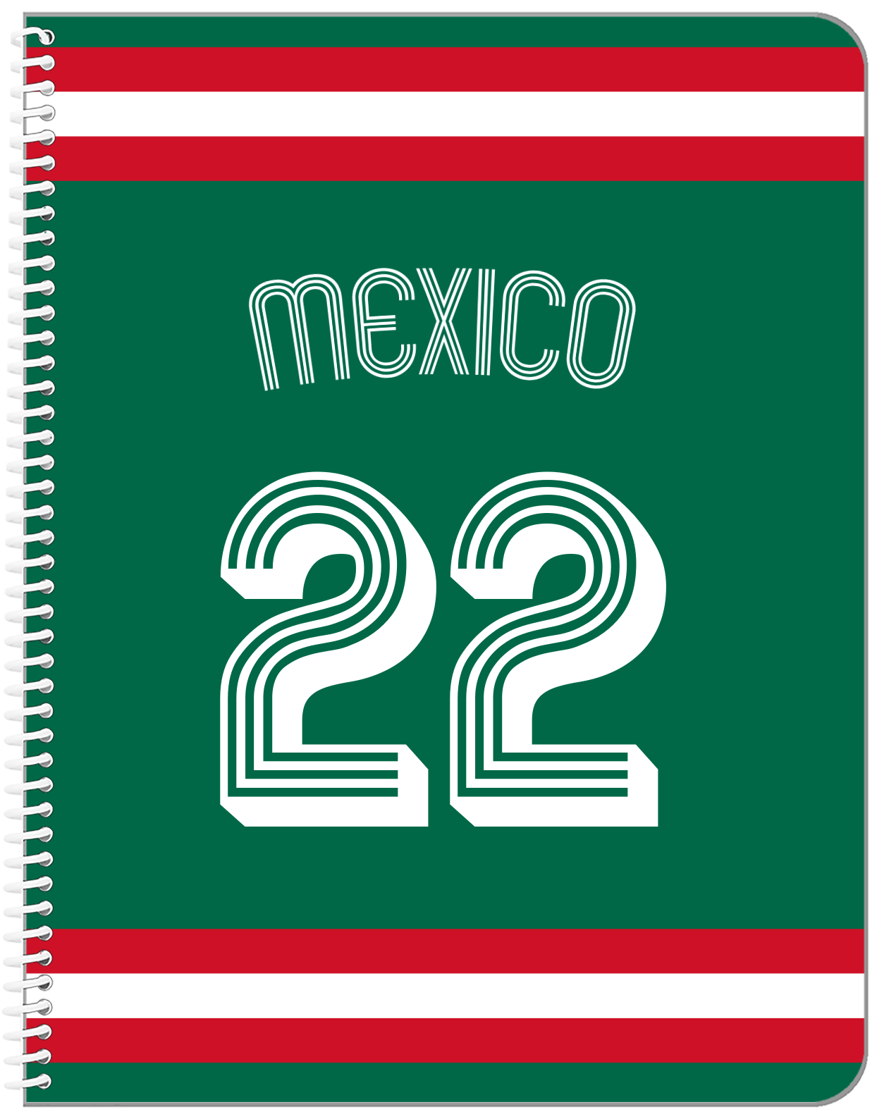 Personalized Jersey Number Notebook with Arched Name - Mexico - Single Stripe - Front View