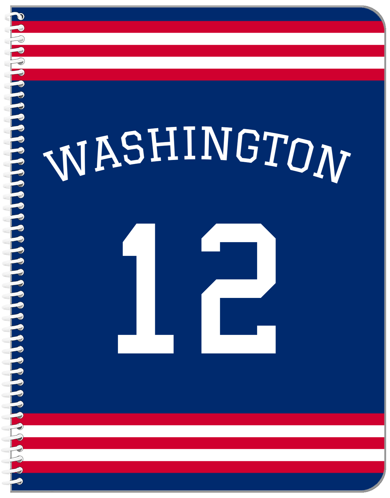 Personalized Jersey Number Notebook with Arched Name - Blue and Red - Double Stripe - Front View