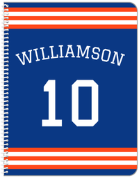 Thumbnail for Personalized Jersey Number Notebook with Arched Name - Blue and Orange - Double Stripe - Front View