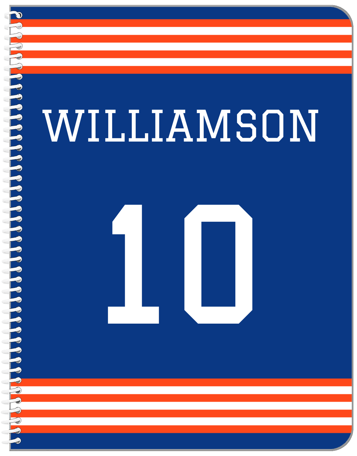 Personalized Jersey Number Notebook - Blue and Orange - Triple Stripe - Front View