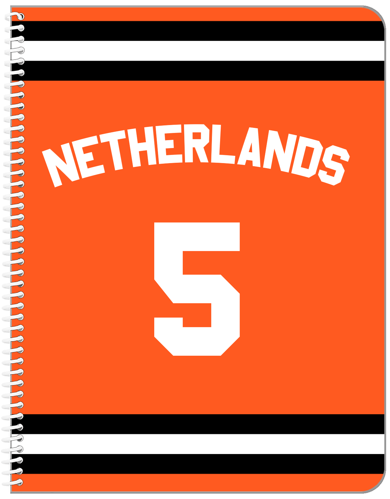 Personalized Jersey Number Notebook with Arched Name - Netherlands - Single Stripe - Front View
