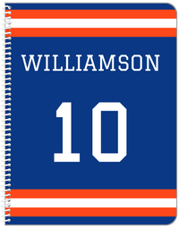 Thumbnail for Personalized Jersey Number Notebook - Blue and Orange - Single Stripe - Front View