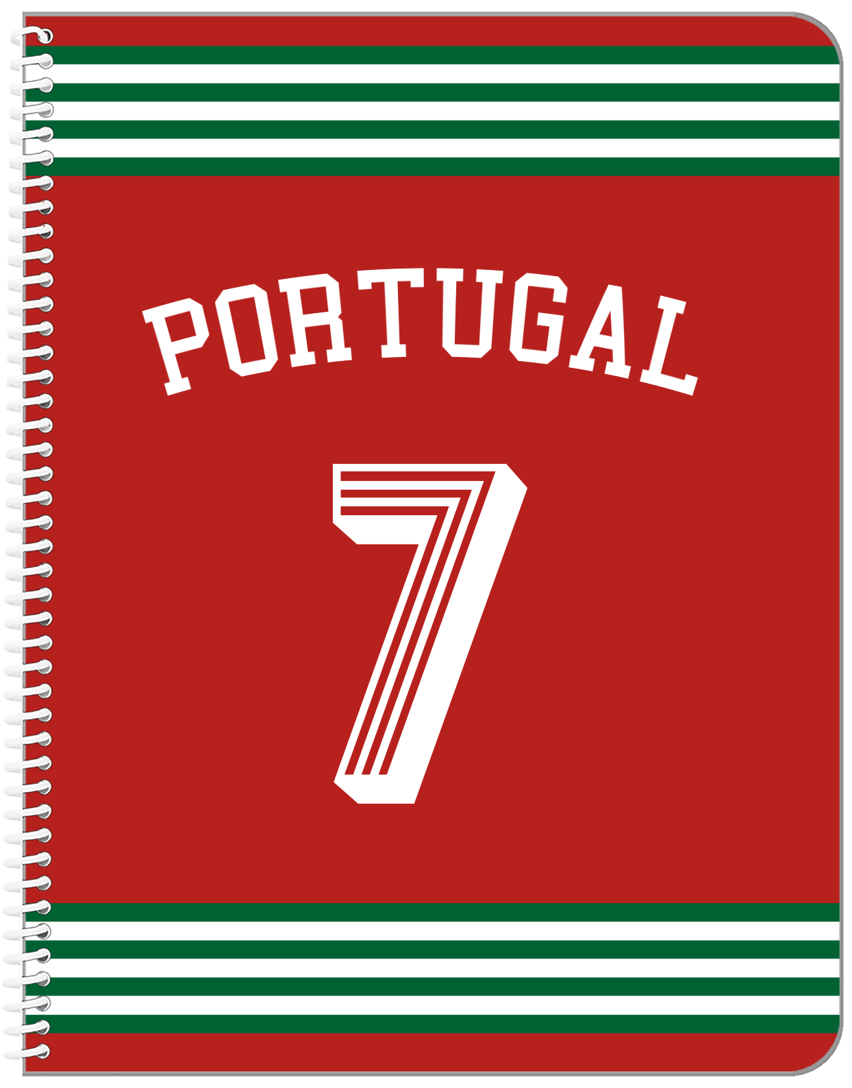 Personalized Jersey Number Notebook with Arched Name - Portugal - Triple Stripe - Front View