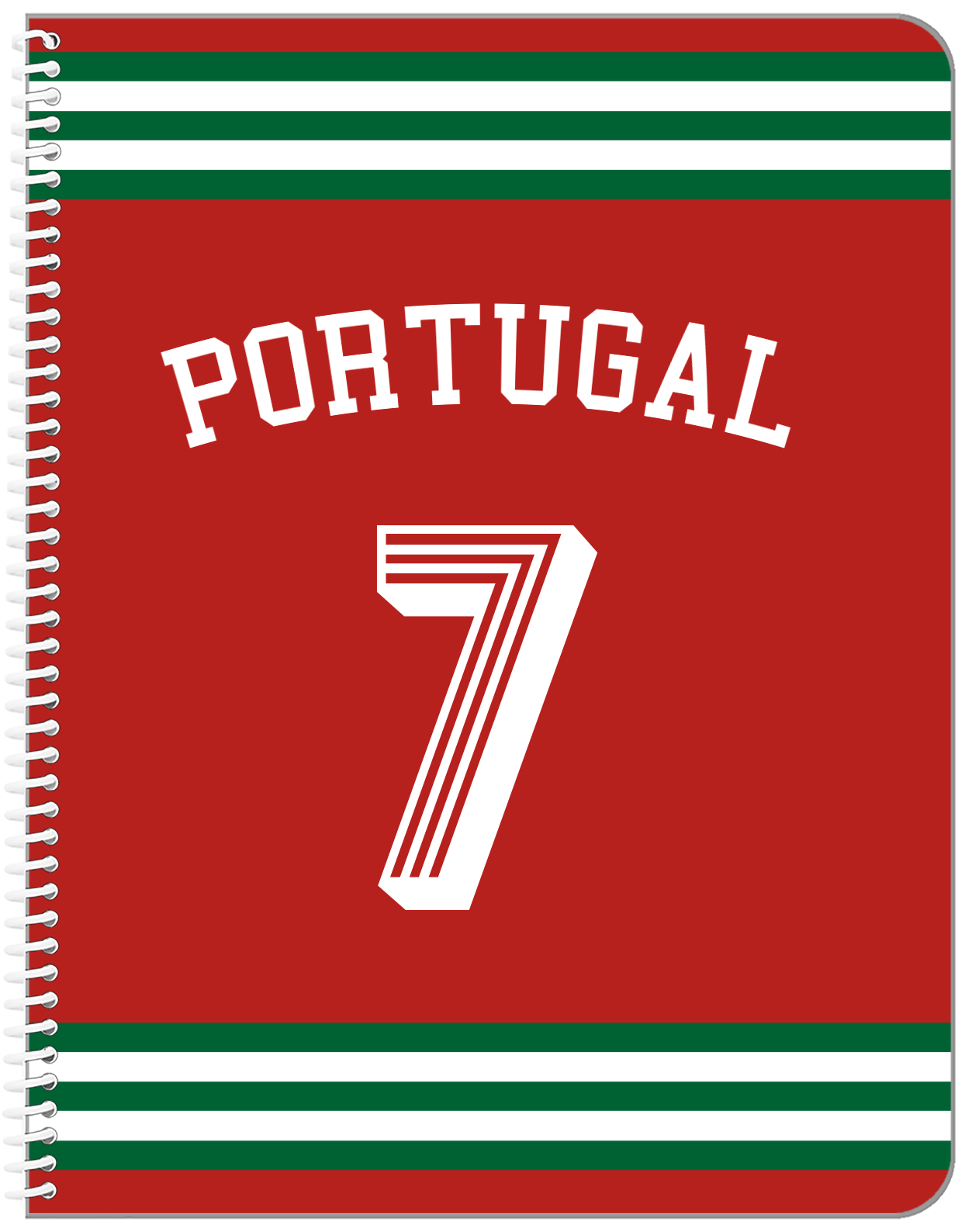 Personalized Jersey Number Notebook with Arched Name - Portugal - Double Stripe - Front View