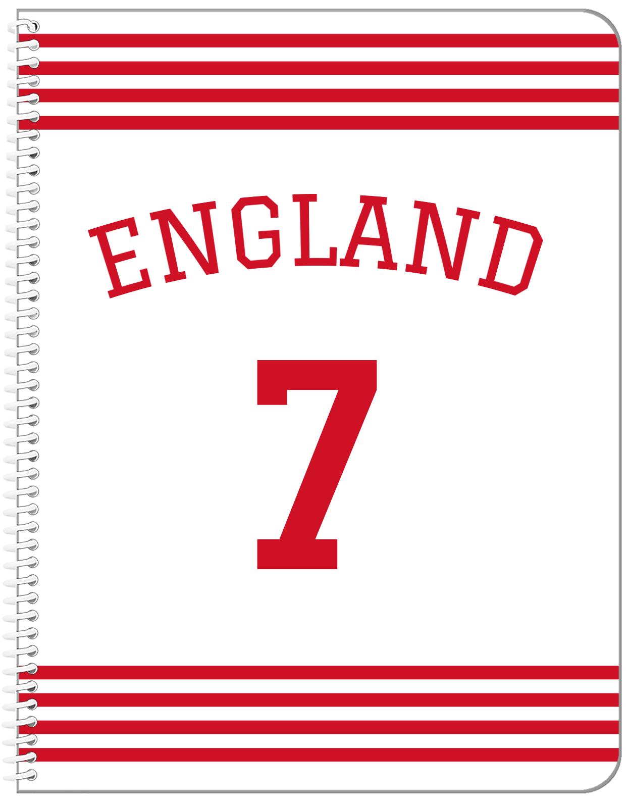 Personalized Jersey Number Notebook with Arched Name - England - Triple Stripe - Front View