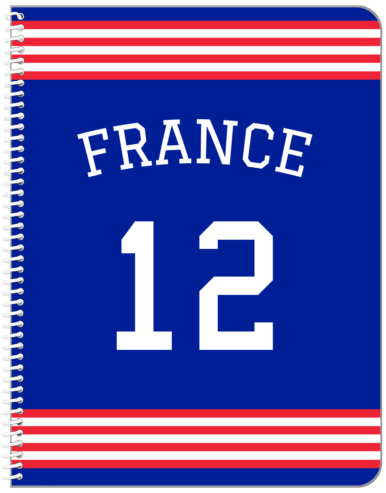 Personalized Jersey Number Notebook with Arched Name - France - Triple Stripe - Front View