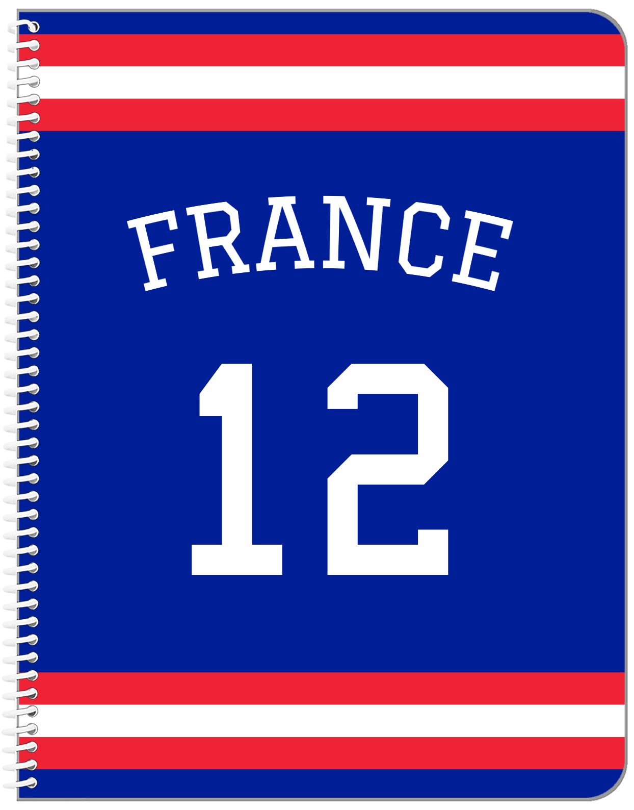 Personalized Jersey Number Notebook with Arched Name - France - Single Stripe - Front View