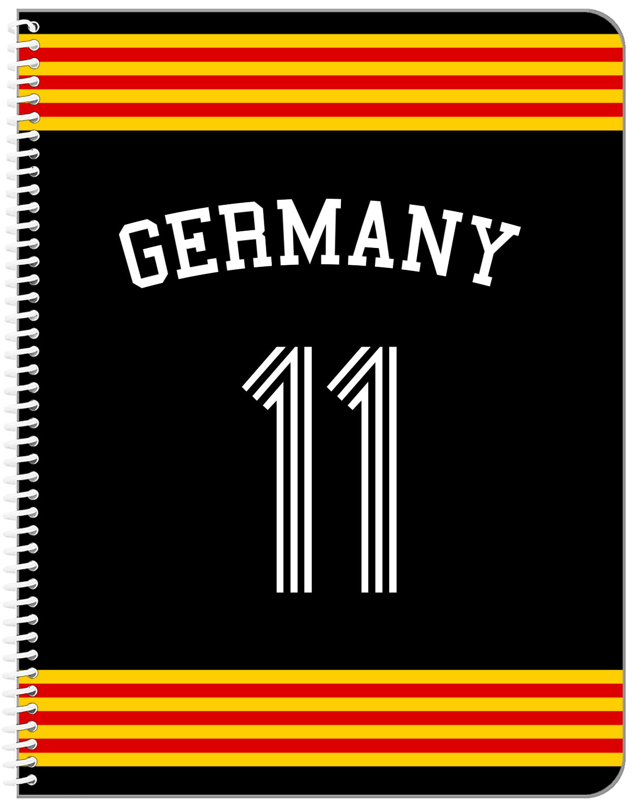 Personalized Jersey Number Notebook with Arched Name - Germany - Triple Stripe - Front View