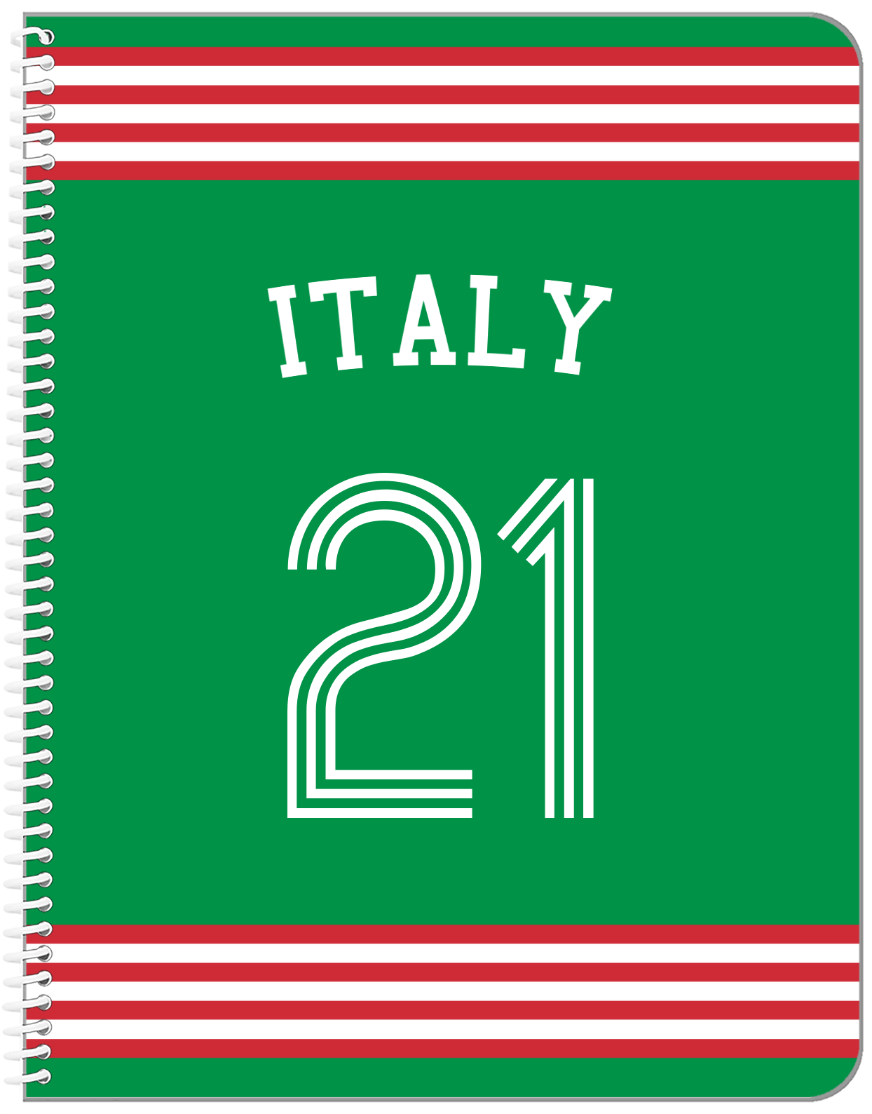 Personalized Jersey Number Notebook with Arched Name - Italy - Triple Stripe - Front View