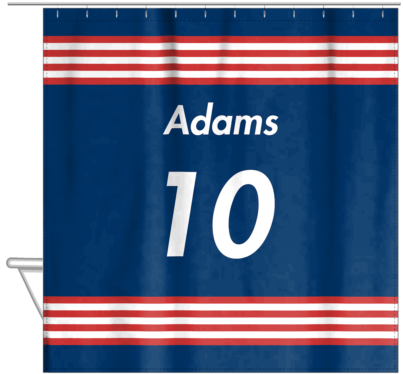 Personalized Jersey Number Shower Curtain - Blue & Red - Triple Stripe - Hanging View