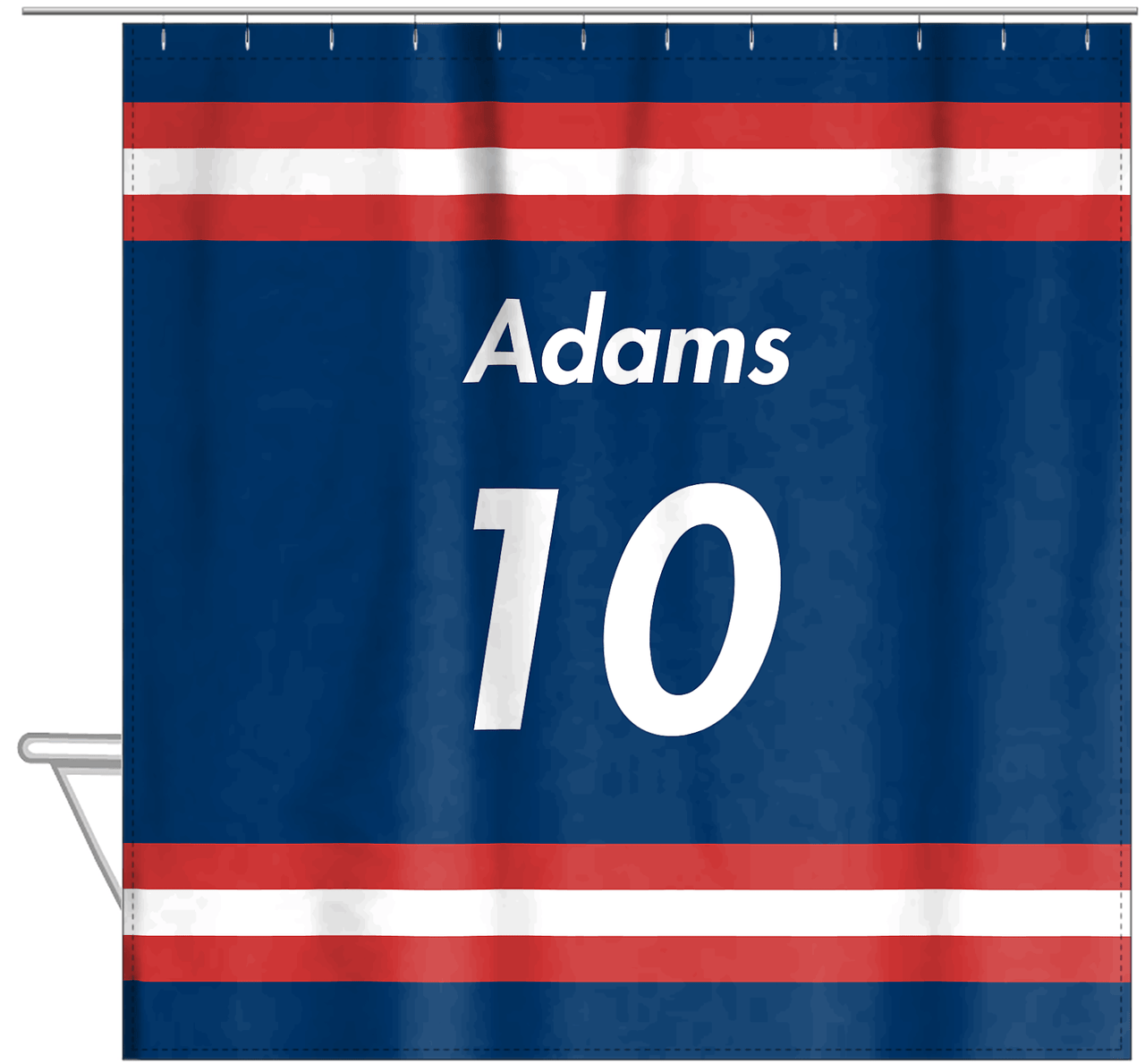 Personalized Jersey Number Shower Curtain - Blue & Red - Single Stripe - Hanging View