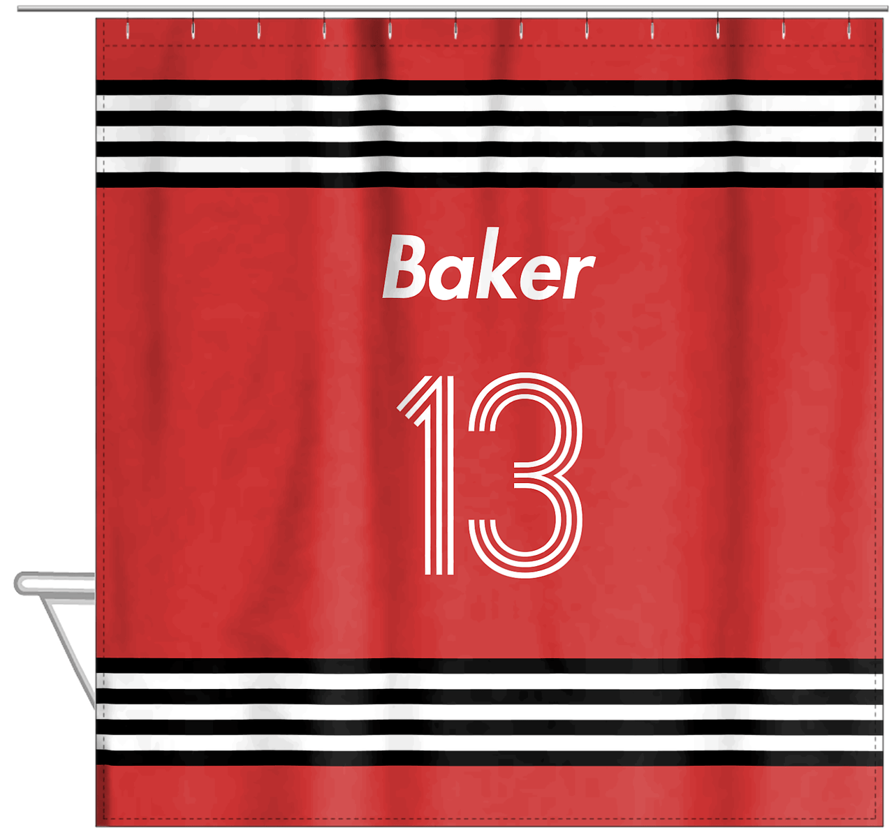 Personalized Jersey Number Shower Curtain - Red & Black - Triple Stripe - Hanging View