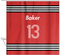 Thumbnail for Personalized Jersey Number Shower Curtain - Red & Black - Triple Stripe - Hanging View
