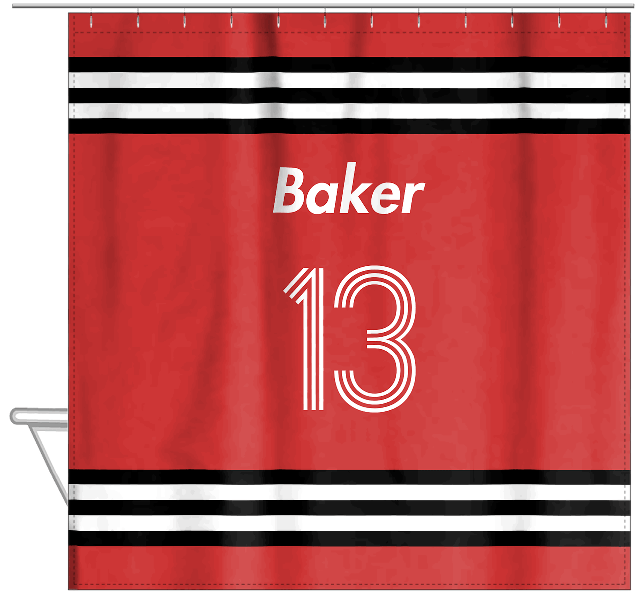 Personalized Jersey Number Shower Curtain - Red & Black - Double Stripe - Hanging View