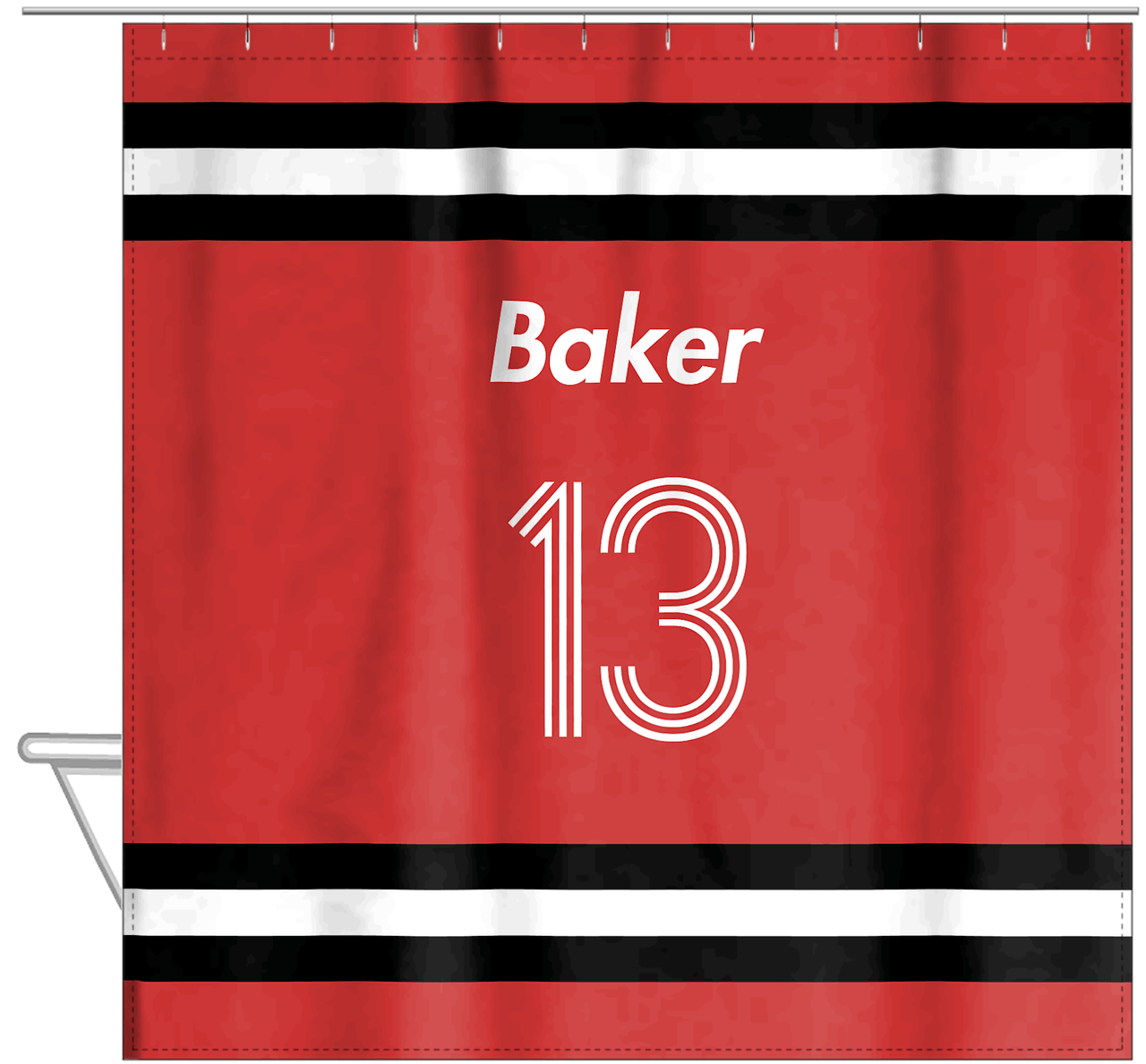 Personalized Jersey Number Shower Curtain - Red & Black - Single Stripe - Hanging View