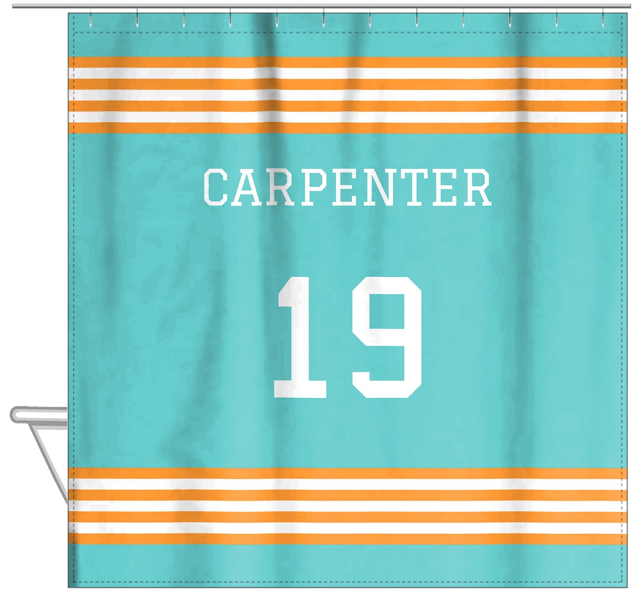 Personalized Jersey Number Shower Curtain - Teal & Orange - Triple Stripe - Hanging View