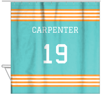 Thumbnail for Personalized Jersey Number Shower Curtain - Teal & Orange - Triple Stripe - Hanging View