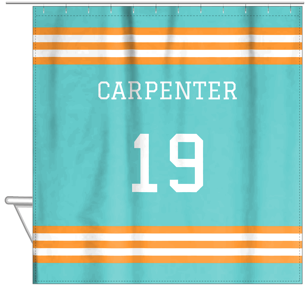 Personalized Jersey Number Shower Curtain - Teal & Orange - Double Stripe - Hanging View