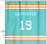 Thumbnail for Personalized Jersey Number Shower Curtain - Teal & Orange - Double Stripe - Hanging View