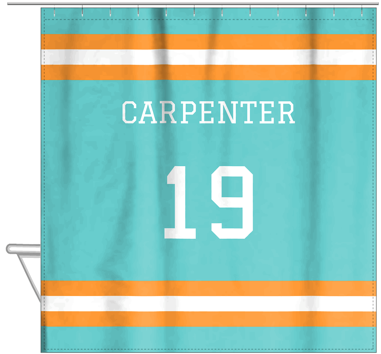 Personalized Jersey Number Shower Curtain - Teal & Orange - Single Stripe - Hanging View